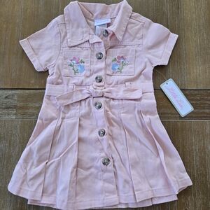 Little Lass Light Pink Button-Up Dress with Floral Details